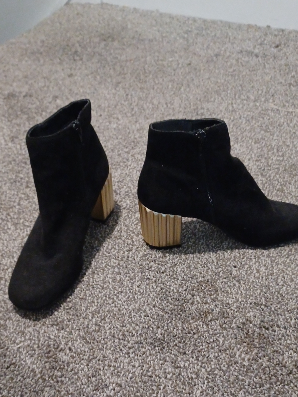 Black Suede Ankle Boots with Gold Block Heel